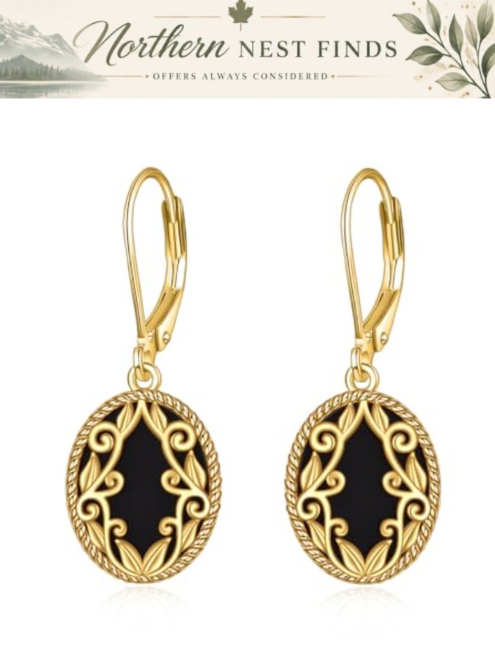 Sterling Silver 18K Yellow Gold Plated Black Onyx Dangle Earrings Filigree Boho